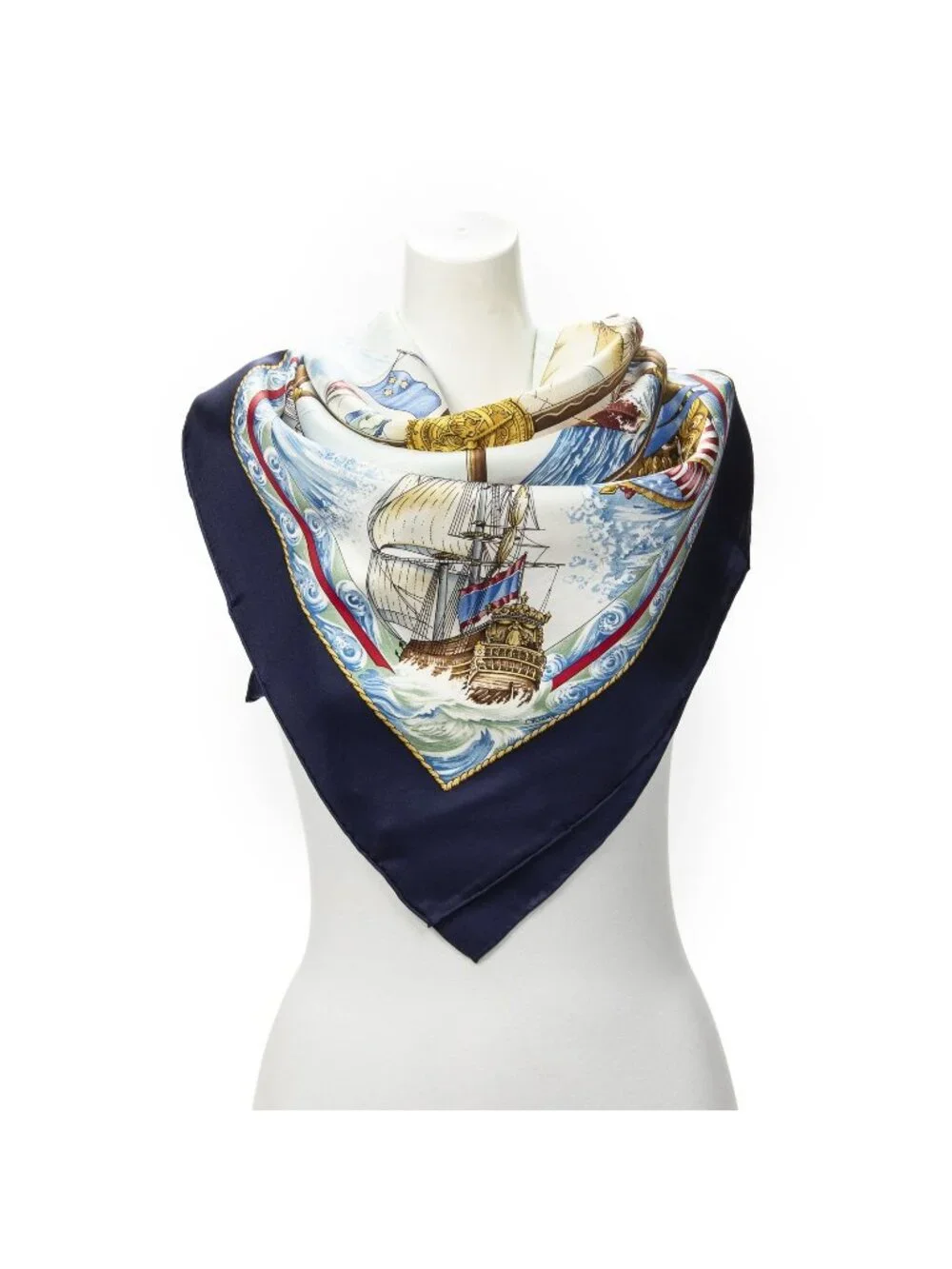 Hermes Scarf Navy Ivory Gold Silk